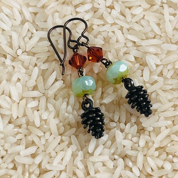 Artisan Jewelry - Autumn Pinecone Earrings, Swarovski Crystal, Tea Green Czech Rondelle